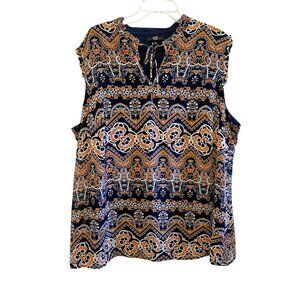 ACB Woman 3X Sleeveless Navy & Orange Paisley Print Top 100% Polyester Made In V